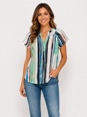 Milano Women's Multicolor Striped Blouse Size Medium Short Sleeve V-Neck Casual